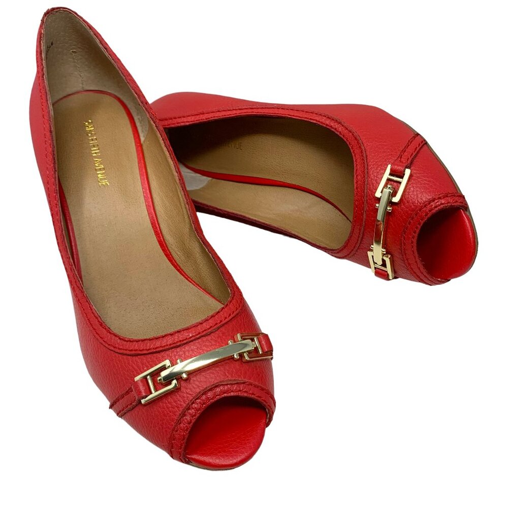 Saks Fifth Avenue‎ Coral Leather Horse Bit Peep Toe Wedge Pump